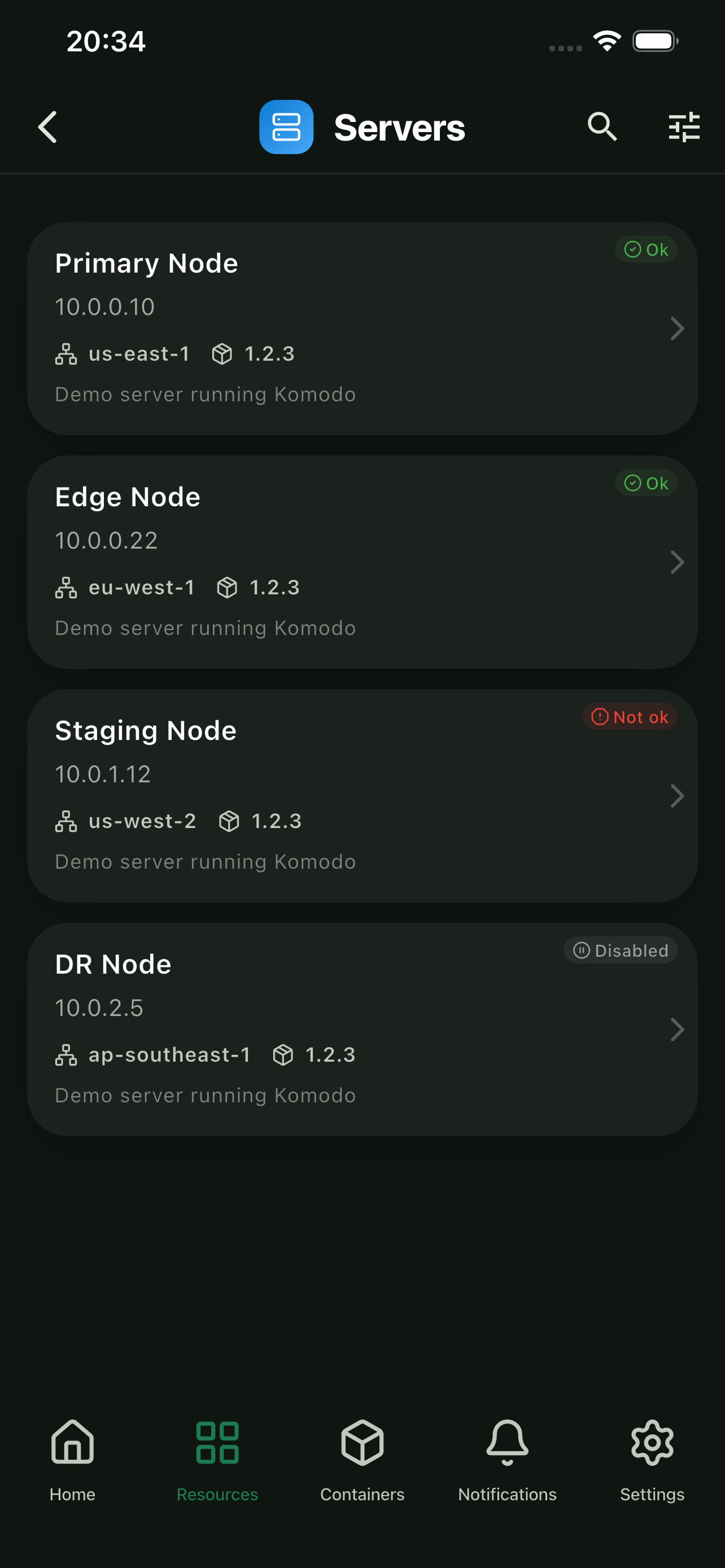 Server list with status indicators