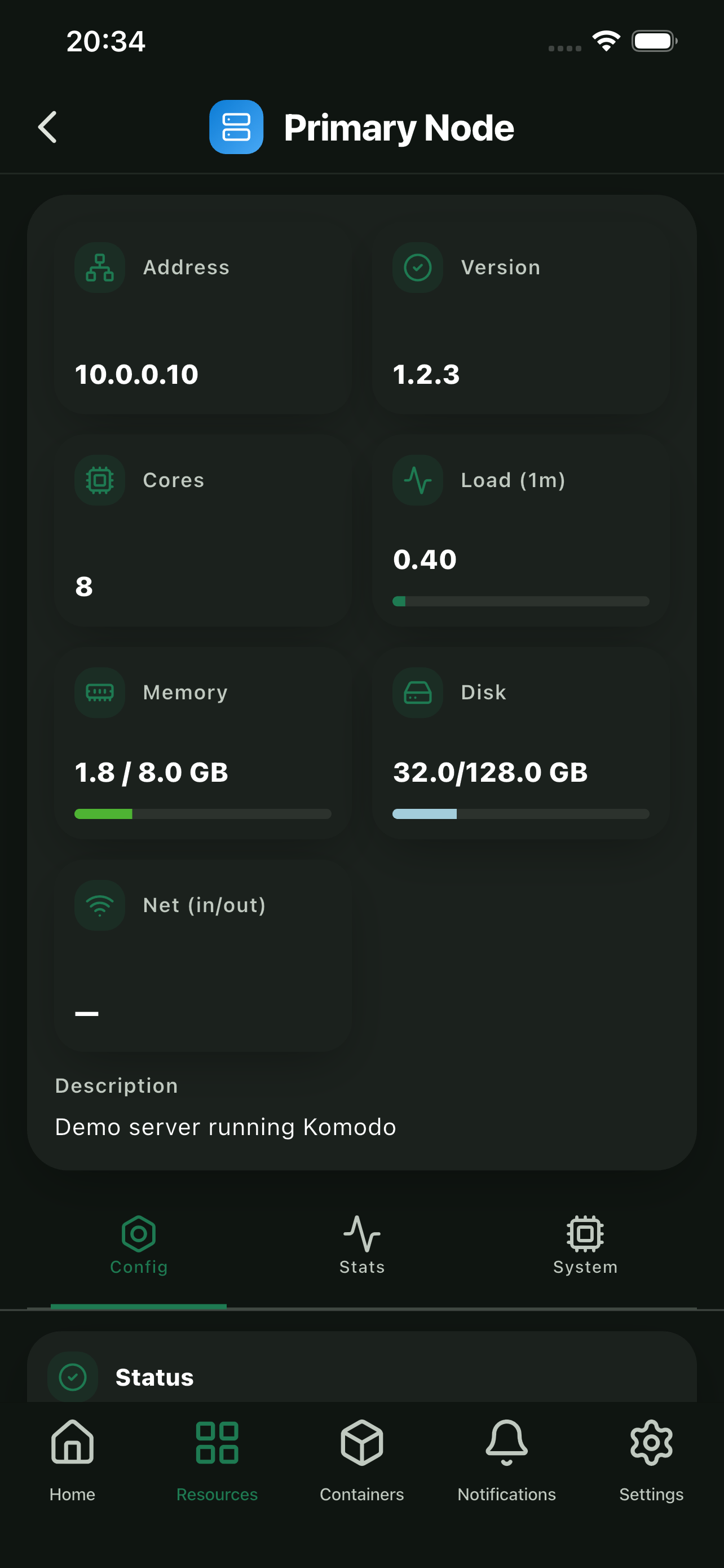 Server detail page with comprehensive metrics