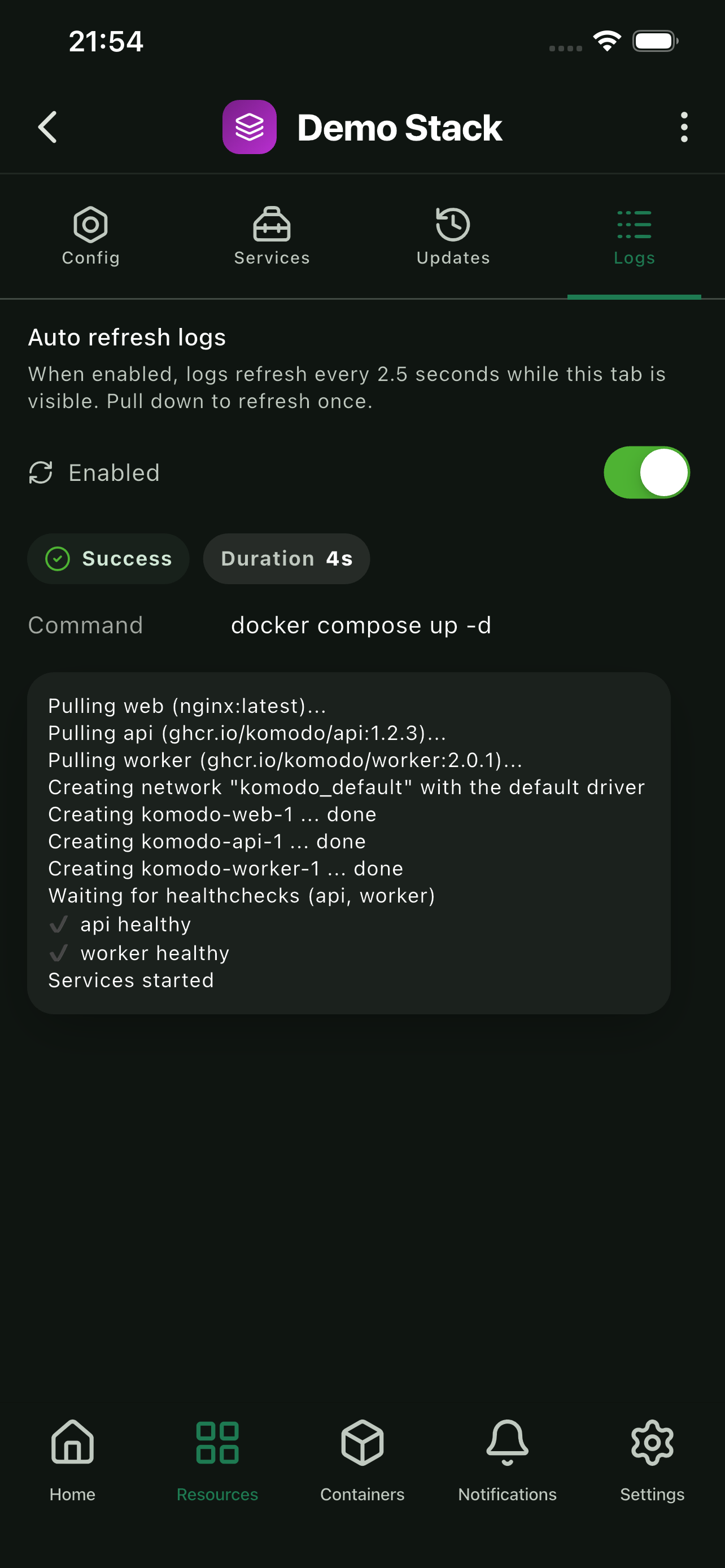 Stack logs view with real-time log streaming
