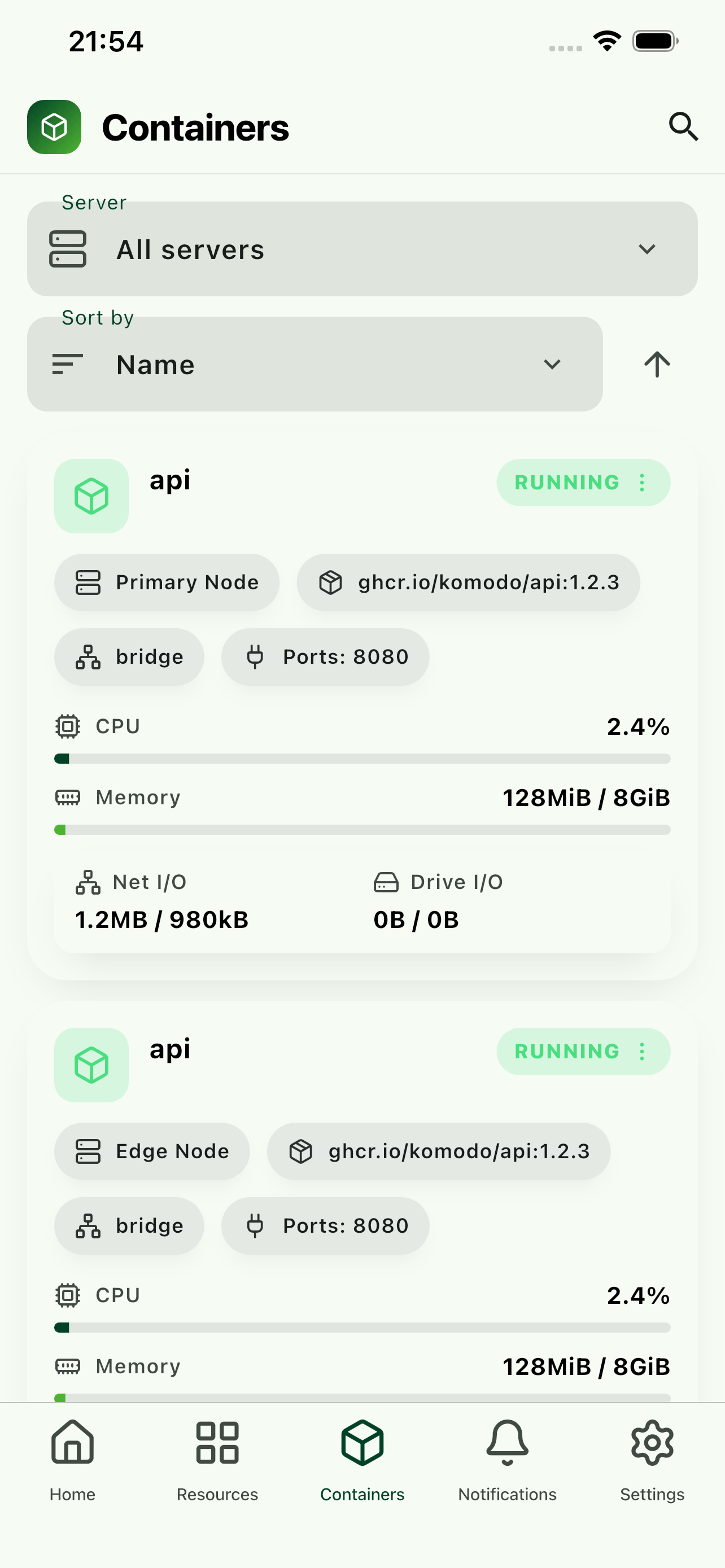 Container management view with live metrics