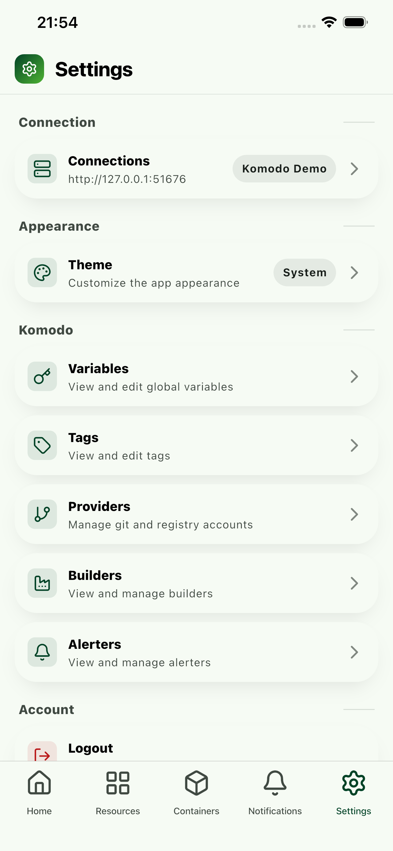 Settings page with connection and appearance options